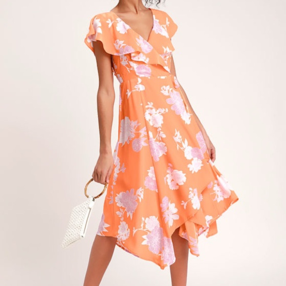 LULUS Garden of Joy Light Orange Floral Print Ruffled Wrap Dress